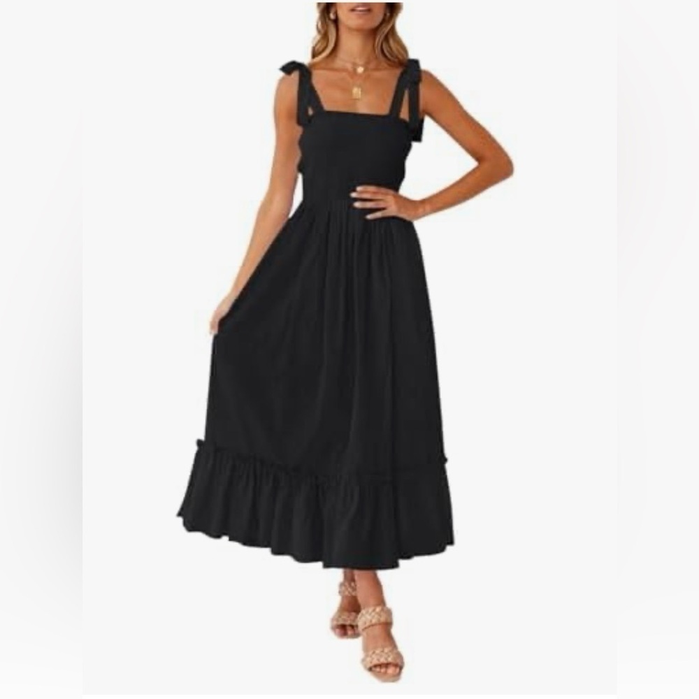 ZESICA Women’s Black Smocked Maxi Dress – Size M – Tie-Shoulder Tiered Boho Dres - Picture 4 of 8